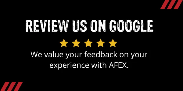 Review us on Google banner with 5 gold stars. We value your feedback on your experience with AFEX.