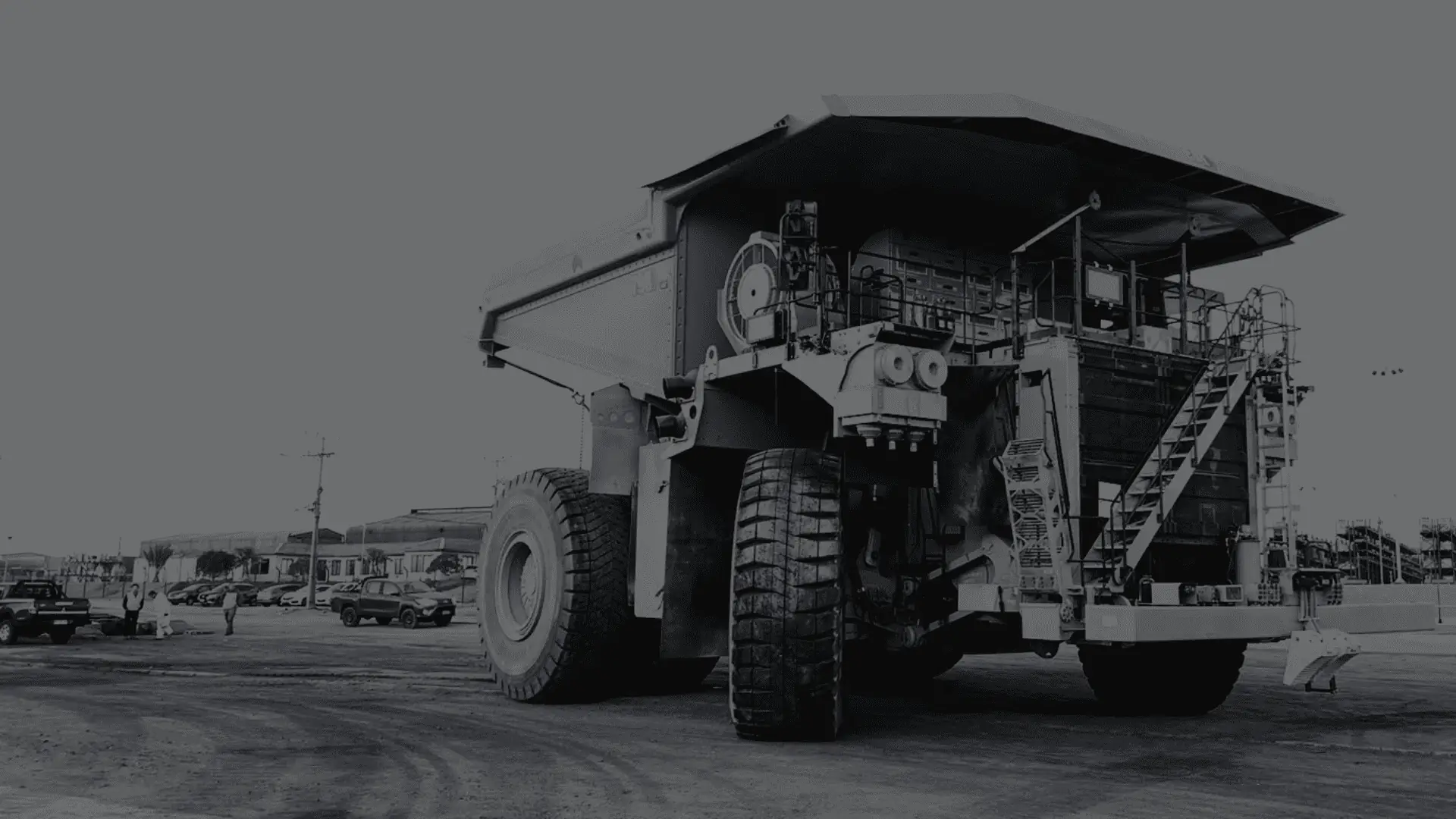 black and white image of a CAT haul truck